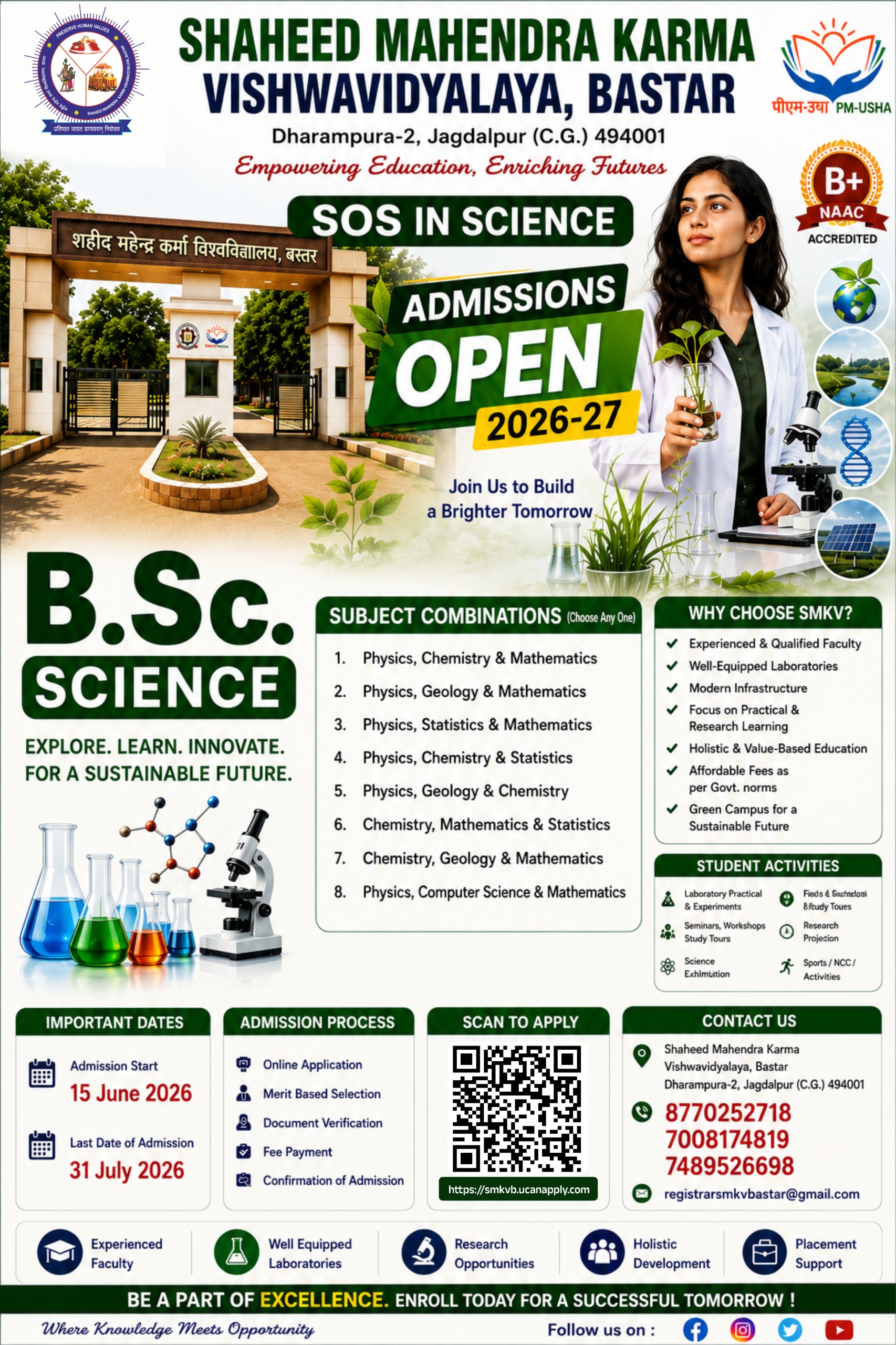 Admission Open 2026-27 Courses Offered by SOS in Science Department
